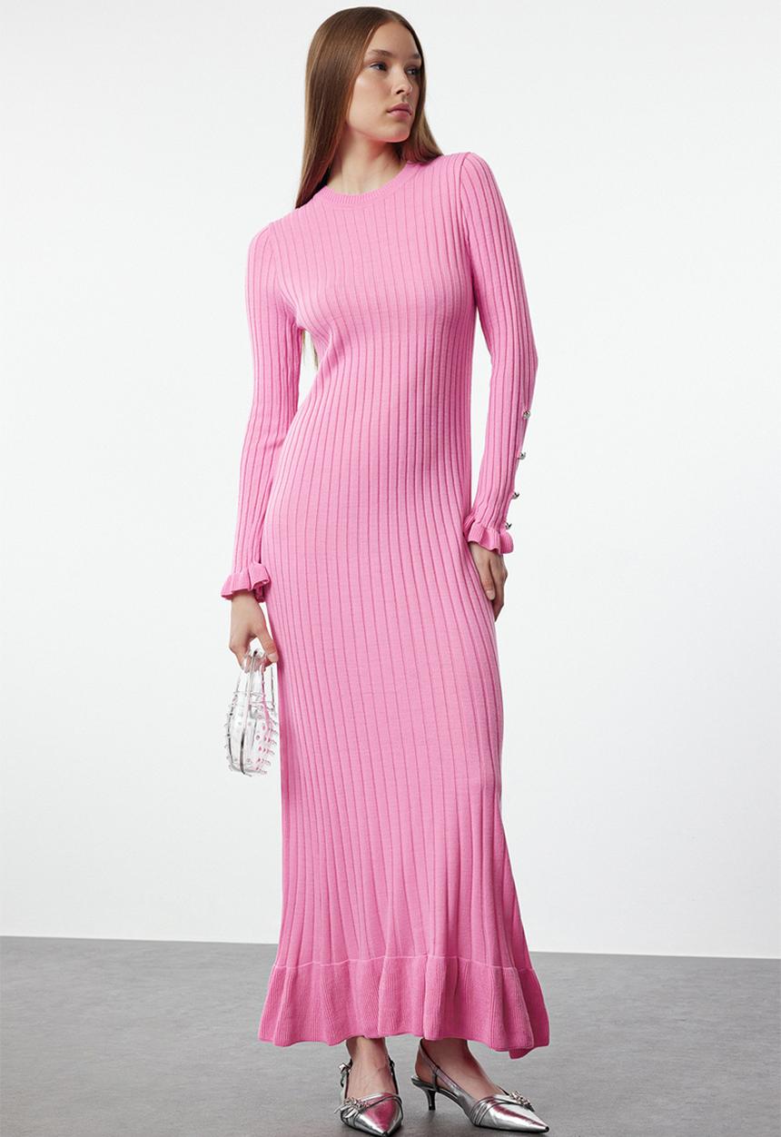 Trendyol - Ruffle skirt rib knitwear dress - pink