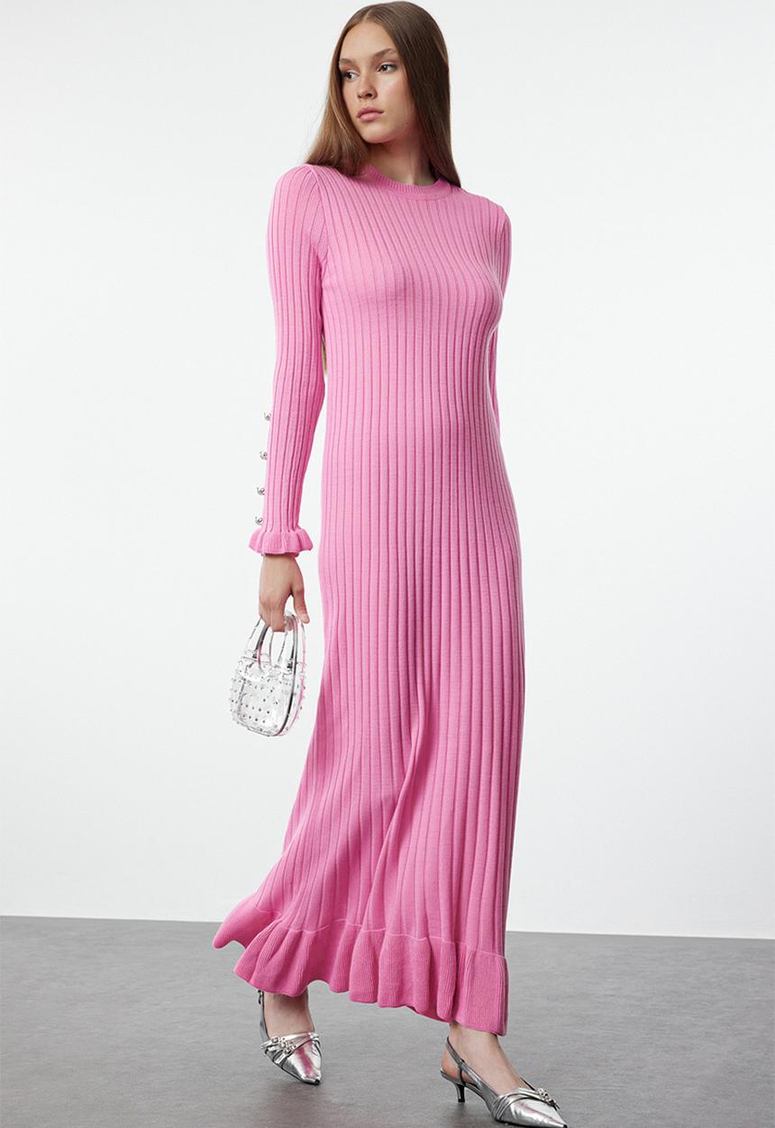 Trendyol - Ruffle skirt rib knitwear dress - pink