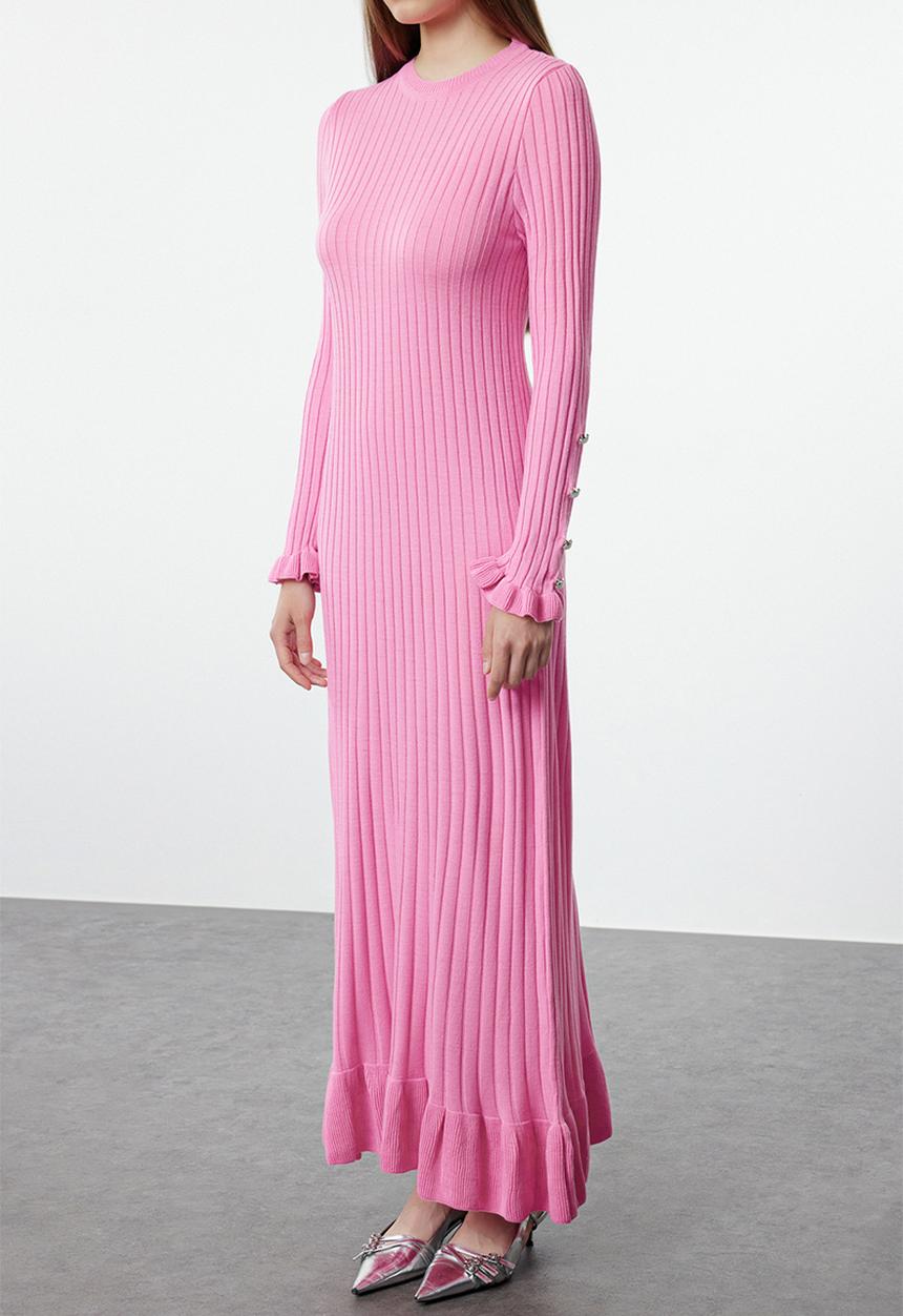 Trendyol - Ruffle skirt rib knitwear dress - pink
