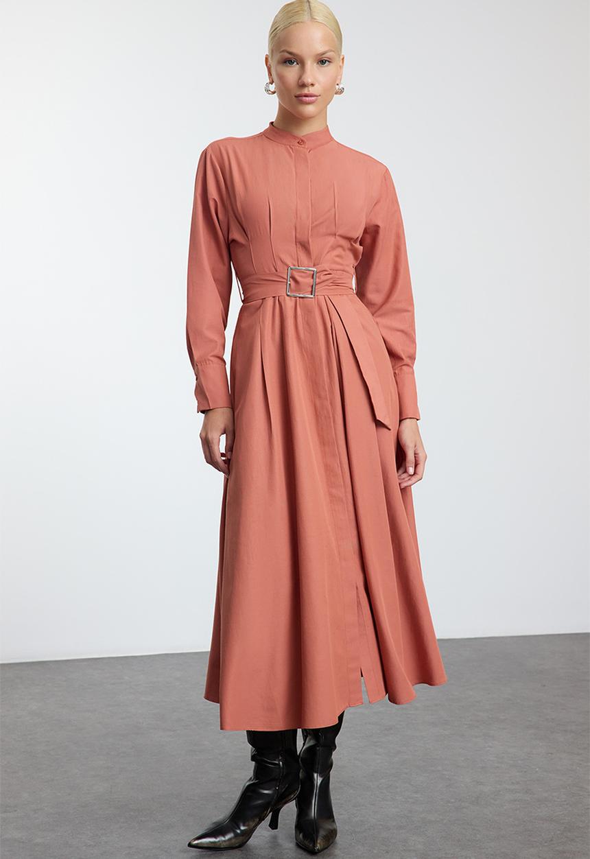 Trendyol - Belted Pleat Detailed Woven Dress - Cinnamon 