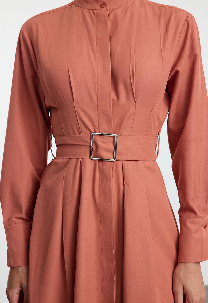 Trendyol - Belted Pleat Detailed Woven Dress - Cinnamon 