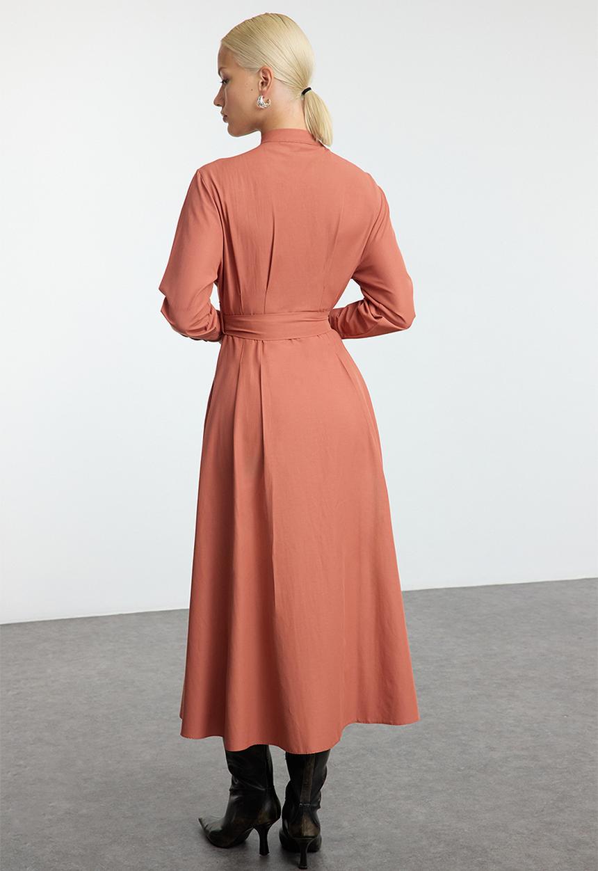 Trendyol - Belted Pleat Detailed Woven Dress - Cinnamon 