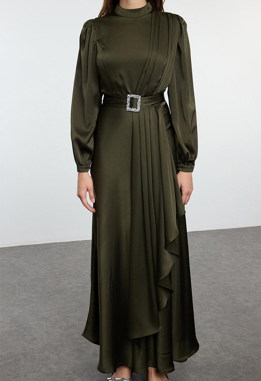 Trendyol - Belt Detailed Evening Dress - Green