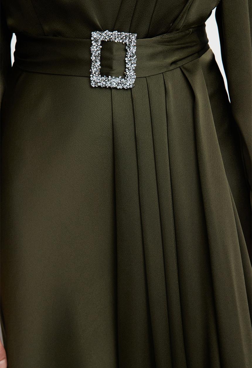 Trendyol - Belt Detailed Evening Dress - Green