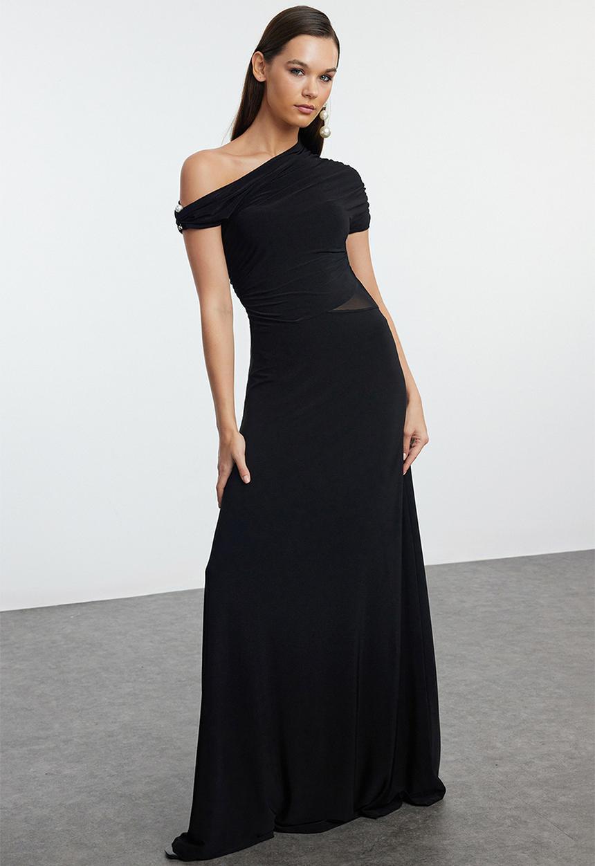 Trendyol - Asymmetrical Evening Dress - Black 