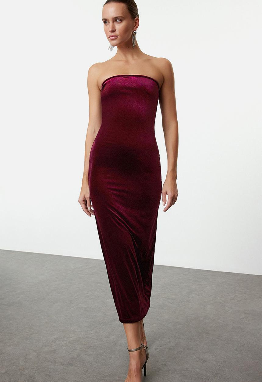 Trendyol - Velvet Strapless Dress - Burgundy 