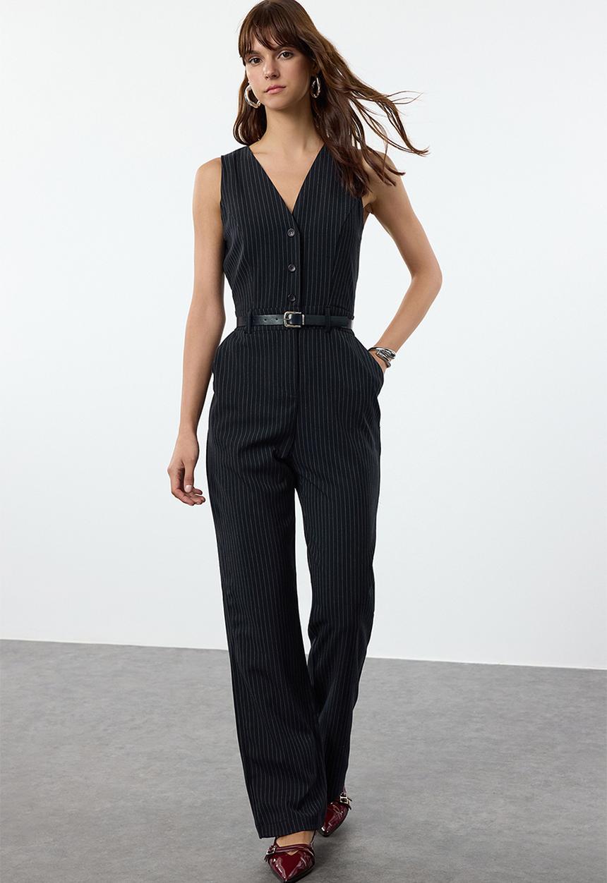 Trendyol - Belted Striped Long Jumpsuit - Navy Blue 