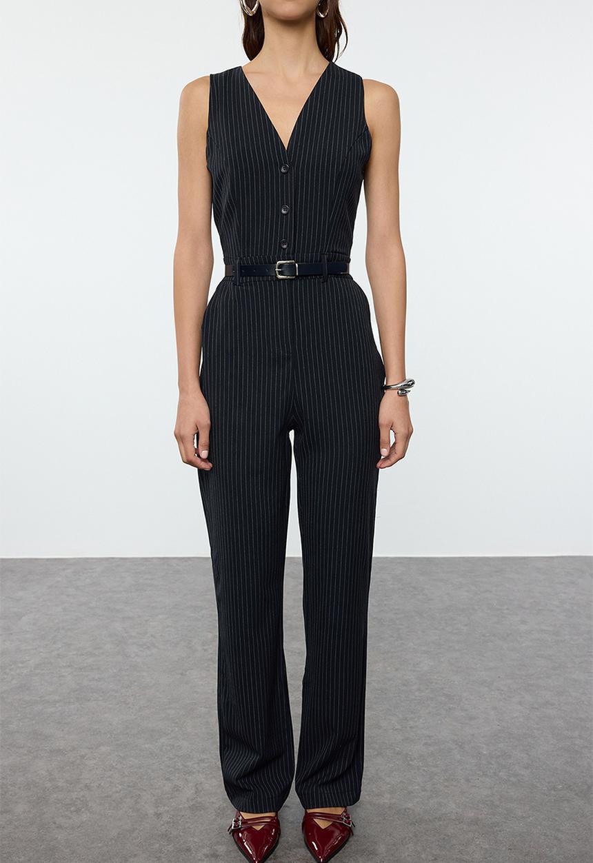Trendyol - Belted Striped Long Jumpsuit - Navy Blue 