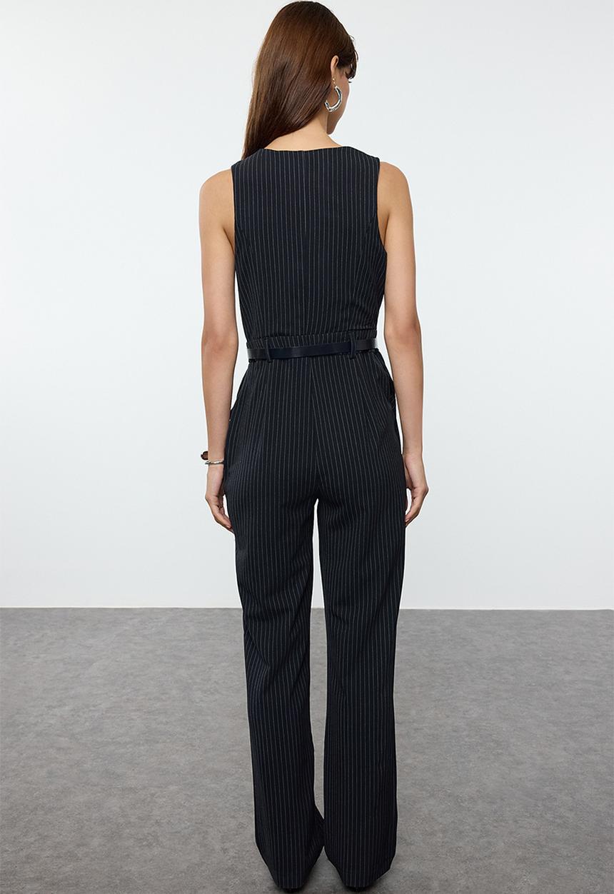 Trendyol - Belted Striped Long Jumpsuit - Navy Blue 