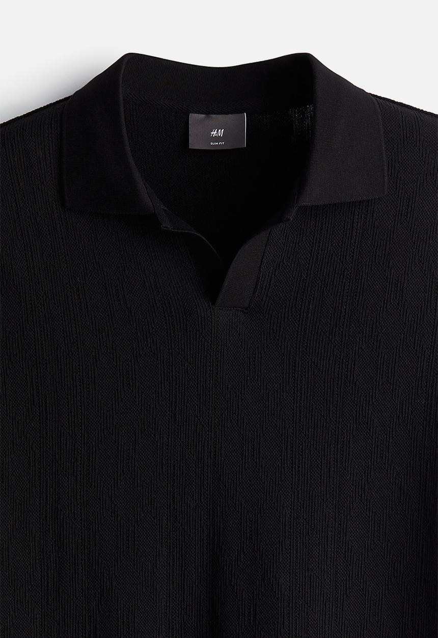 H&M - Slim fit textured polo shirt - black