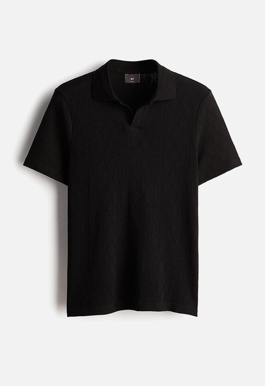 H&M - Slim fit textured polo shirt - black