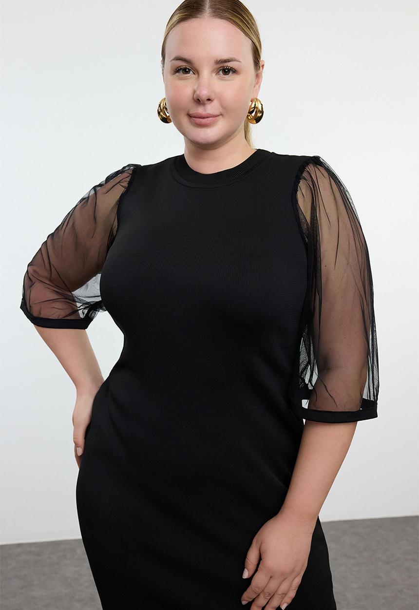 Trendyol - Black Sleeves Tulle Midi Length Knitwear Dress