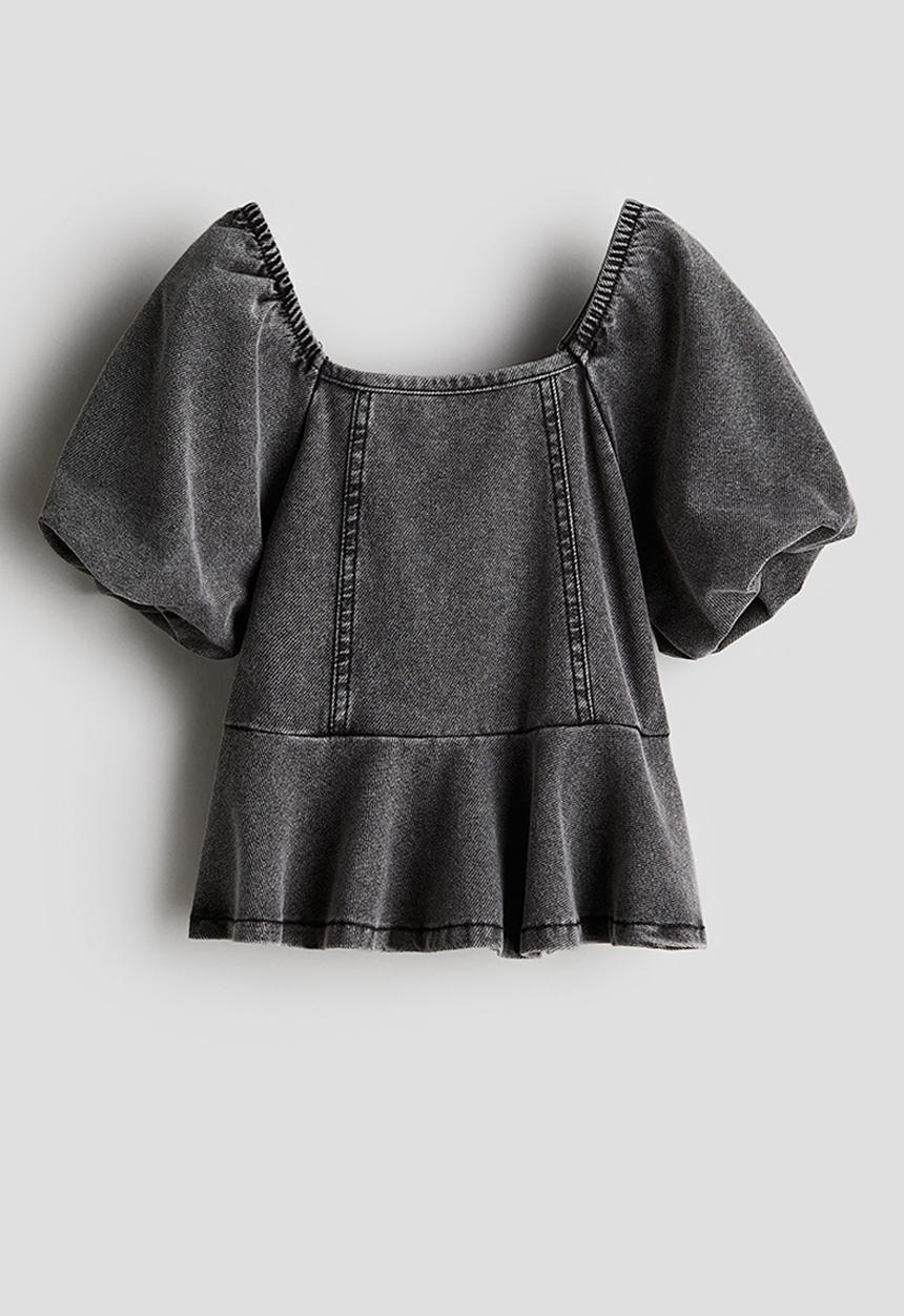 H&M - Denim-look peplum blouse - washed grey