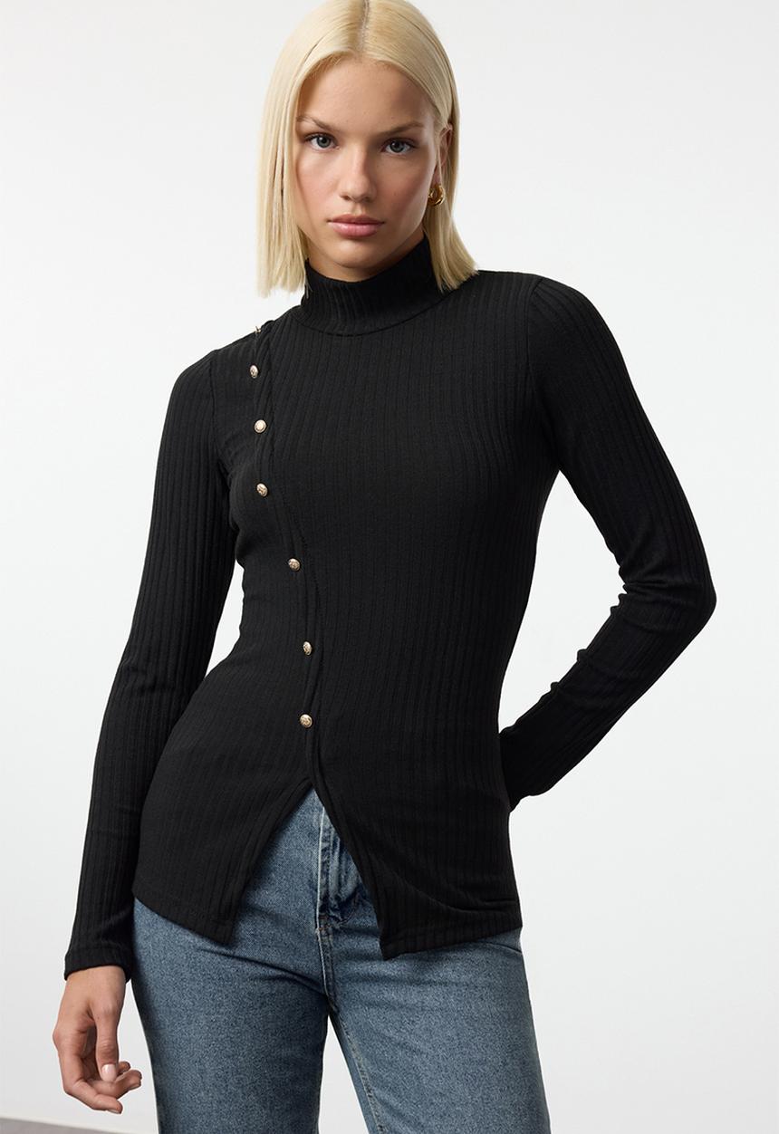 Trendyol - Black fitted long sleeve knitted sweater
