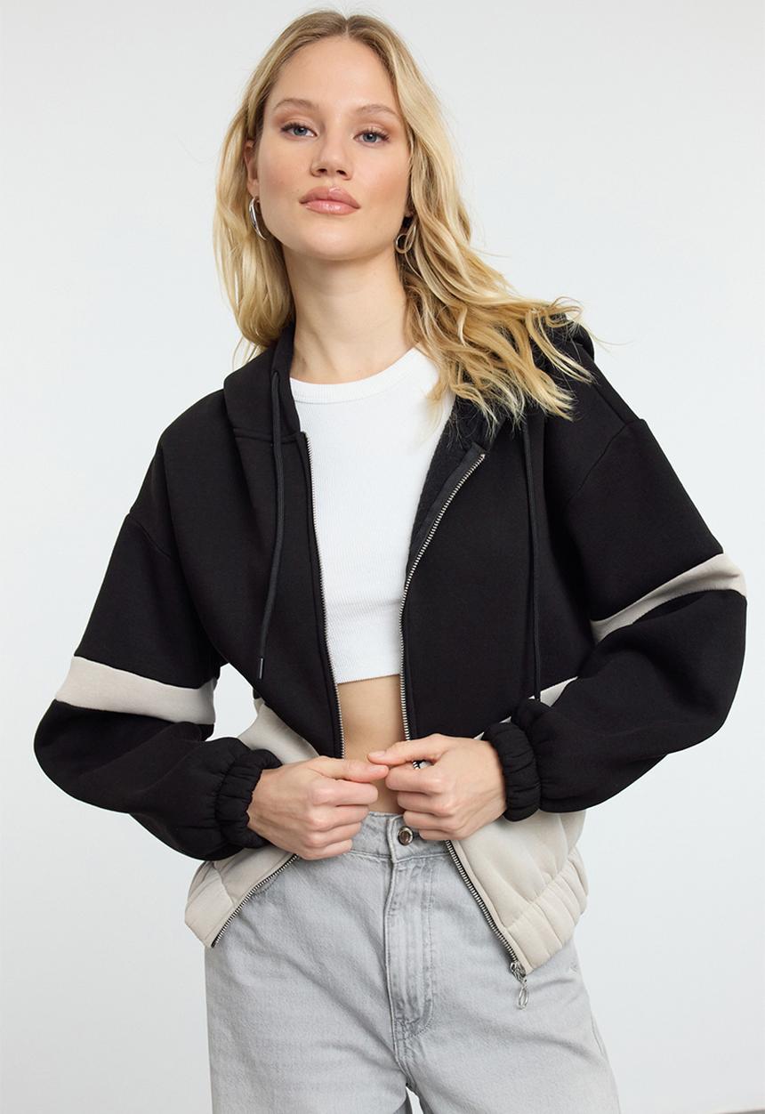 Trendyol - Black colour block zipper detailed oversize fit knitted sweatshirt