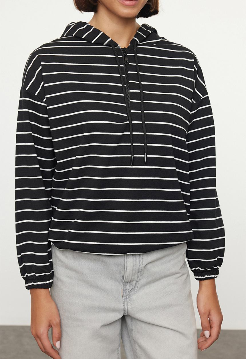 Trendyol - Black striped thin fabric hooded knitted sweatshirt