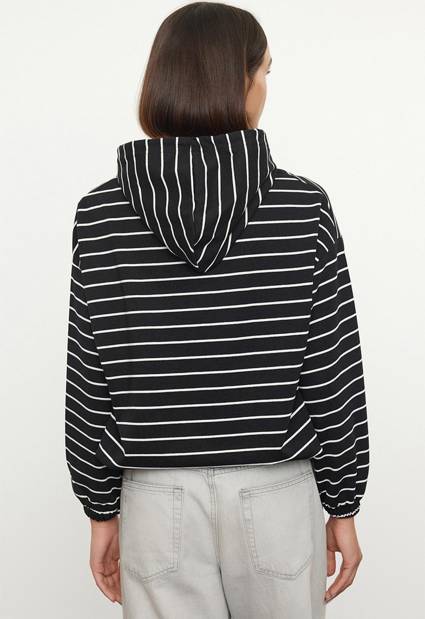 Trendyol - Black striped thin fabric hooded knitted sweatshirt