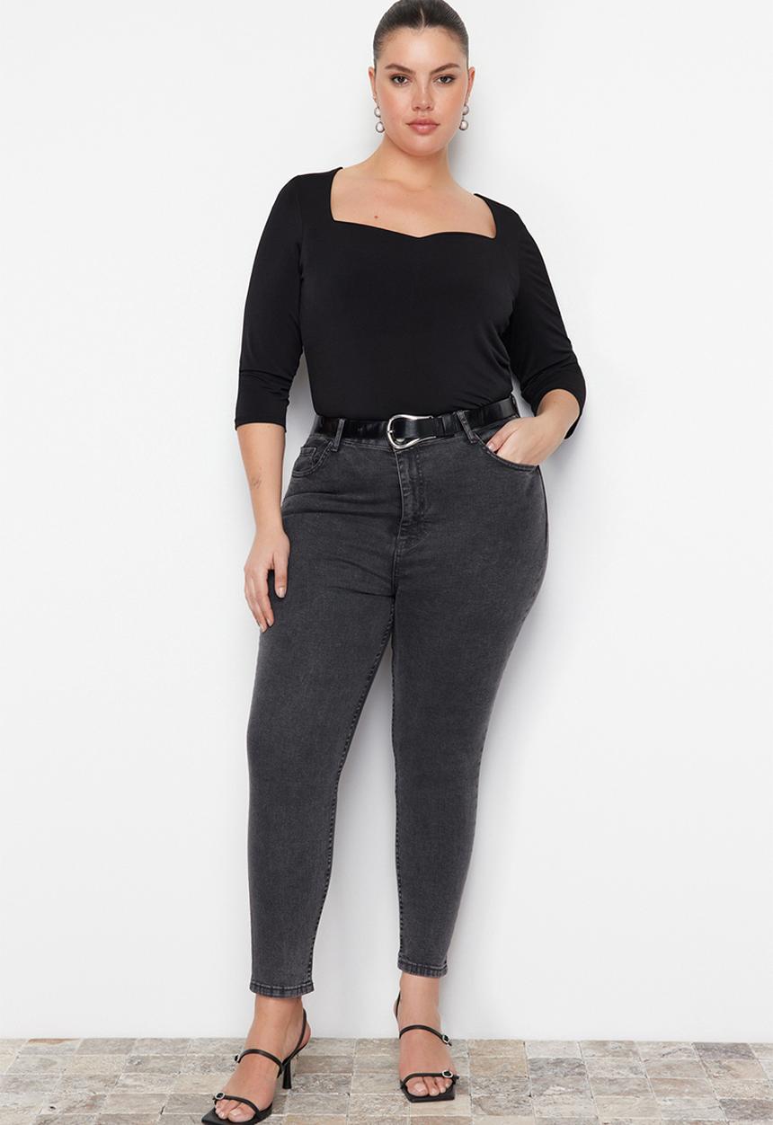 Trendyol - Plus Gray High Waist Flexible Skinny Jeans