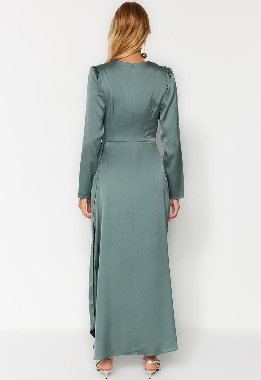 Trendyol - Khaki Shawl Detailed Satin Evening Dress