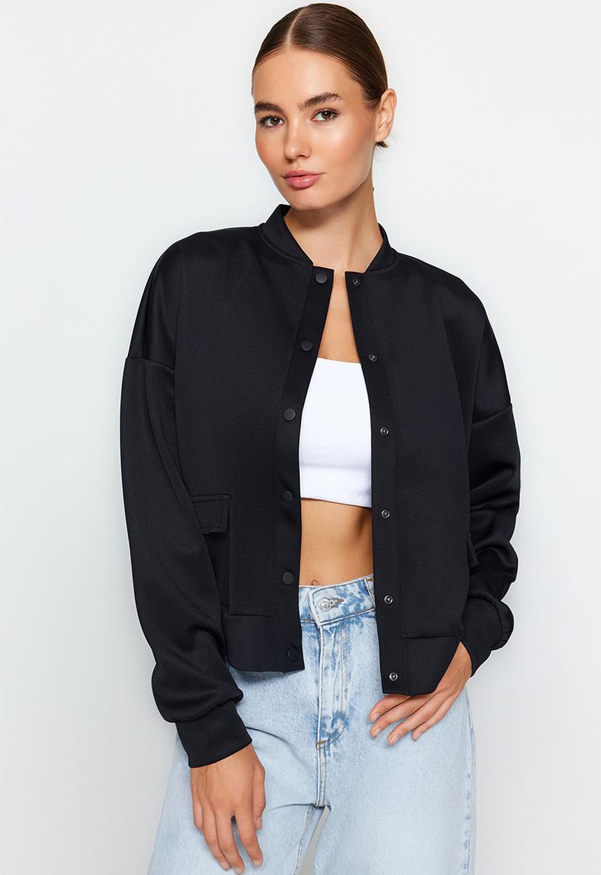 Trendyol - Pocket Detailed Snap Button Scuba Knitted Jacket - Navy Blue