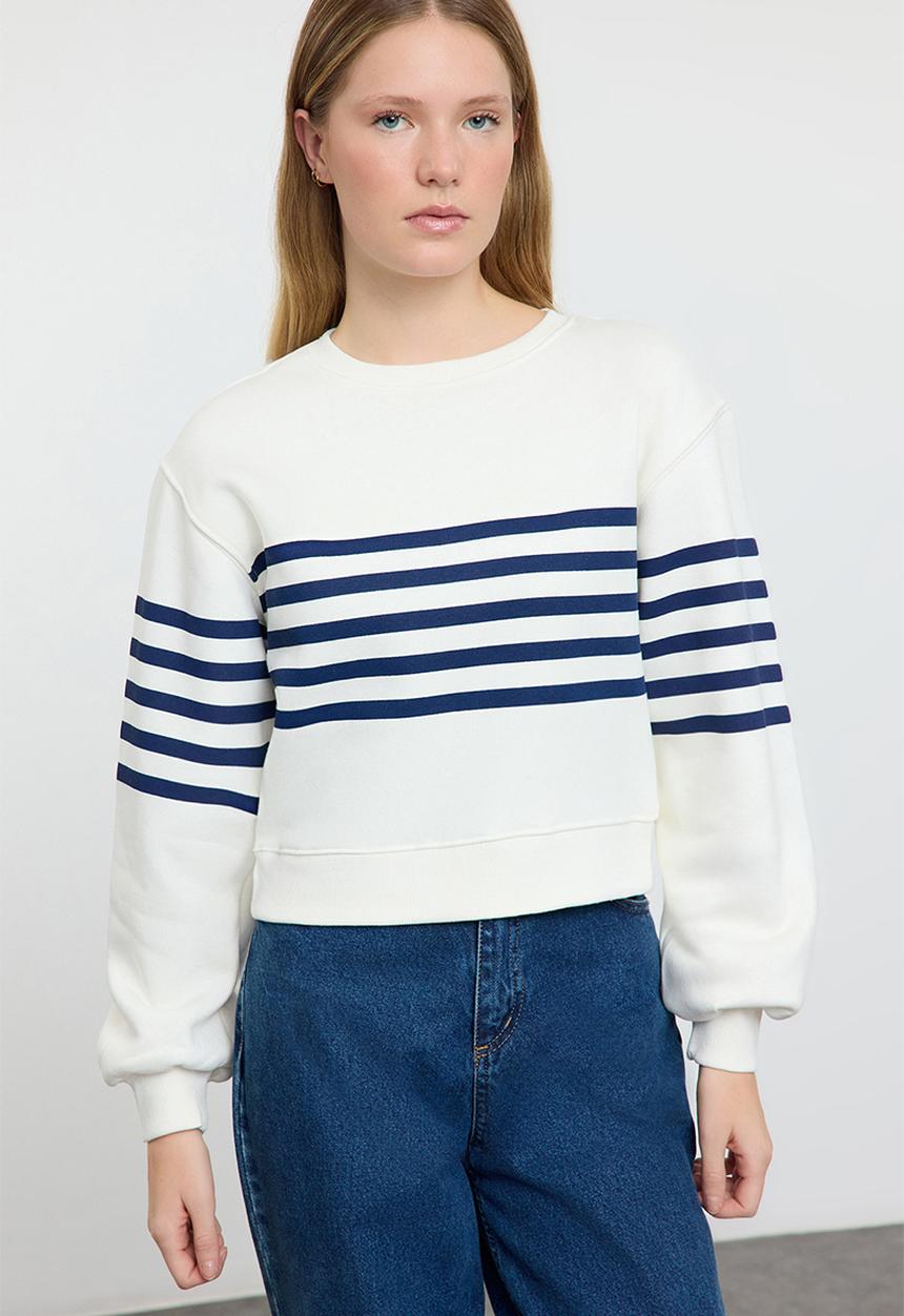 Trendyol - Ecru striped regular pattern knitted sweatshirt