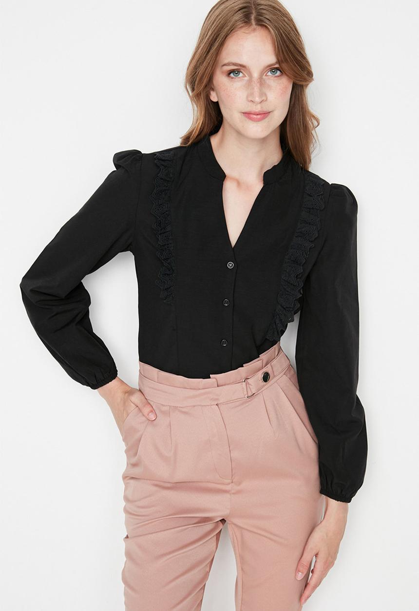 Trendyol - Black lace cotton woven shirt