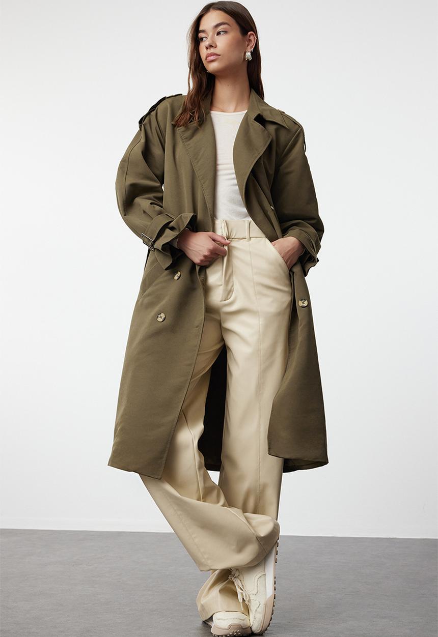Trendyol - Khaki Long Trench Coat With Belt Windbreaker Detailed, Water-repellent