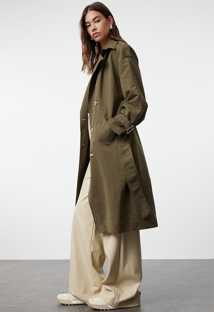 Trendyol - Khaki Long Trench Coat With Belt Windbreaker Detailed, Water-repellent