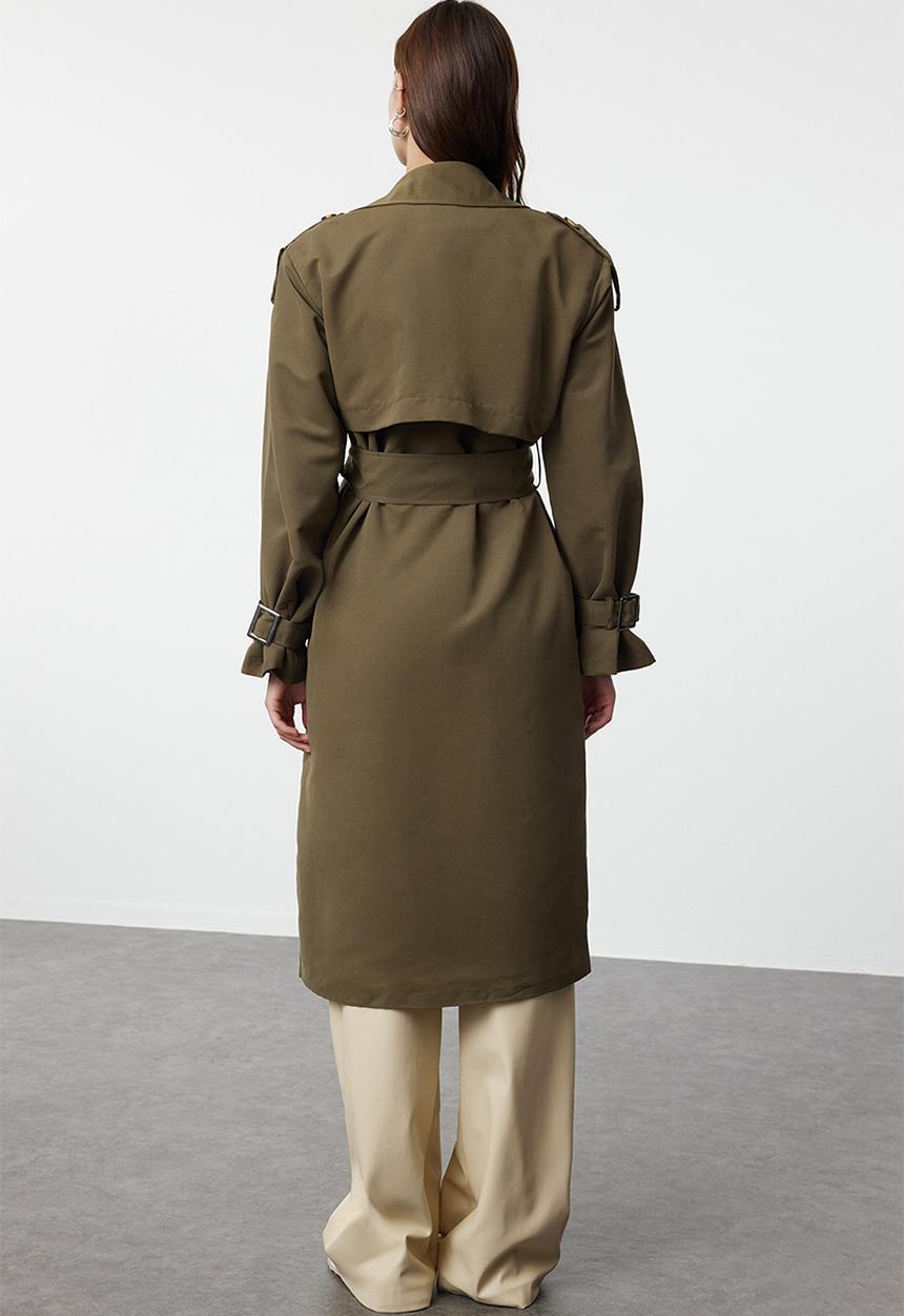 Trendyol - Khaki Long Trench Coat With Belt Windbreaker Detailed, Water-repellent