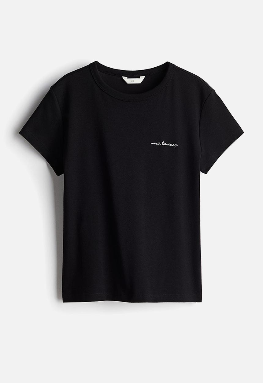 H&M - Fitted T-shirt - black/merci beaucoup