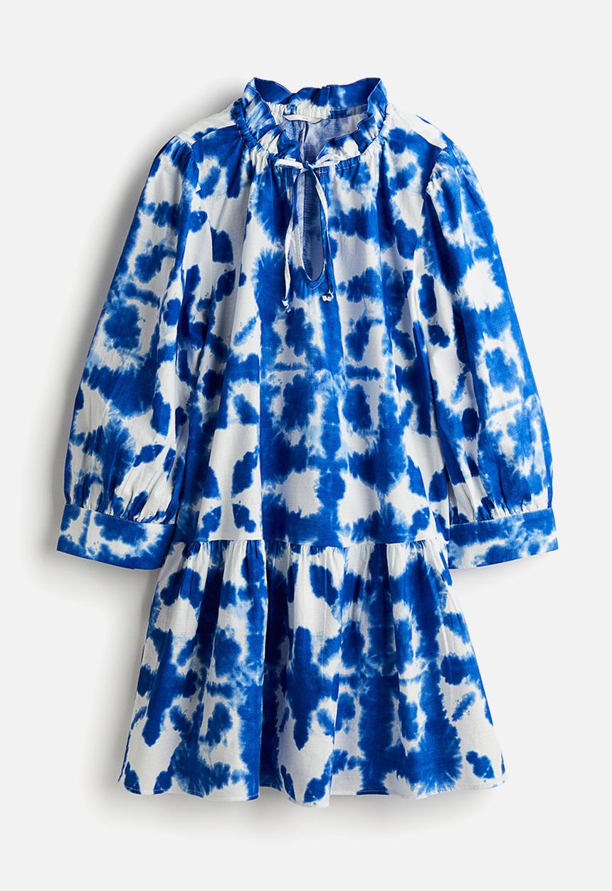 H&M - Drawstring-detail cotton dress - bright blue/patterned