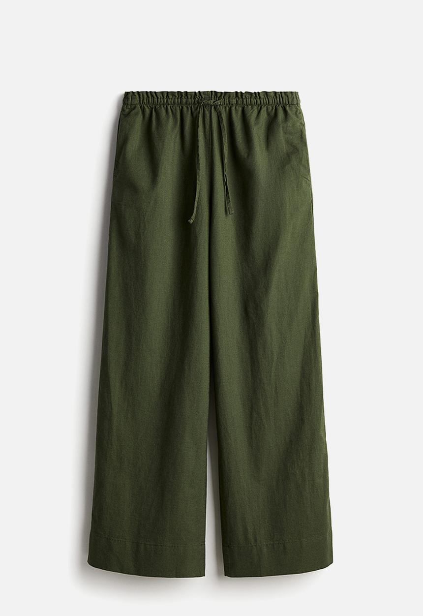 H&M - Wide linen-blend trousers - dark khaki green