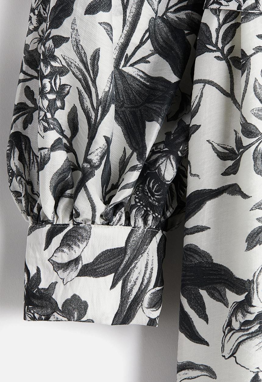 H&M - Tie-belt dress - white & grey floral 