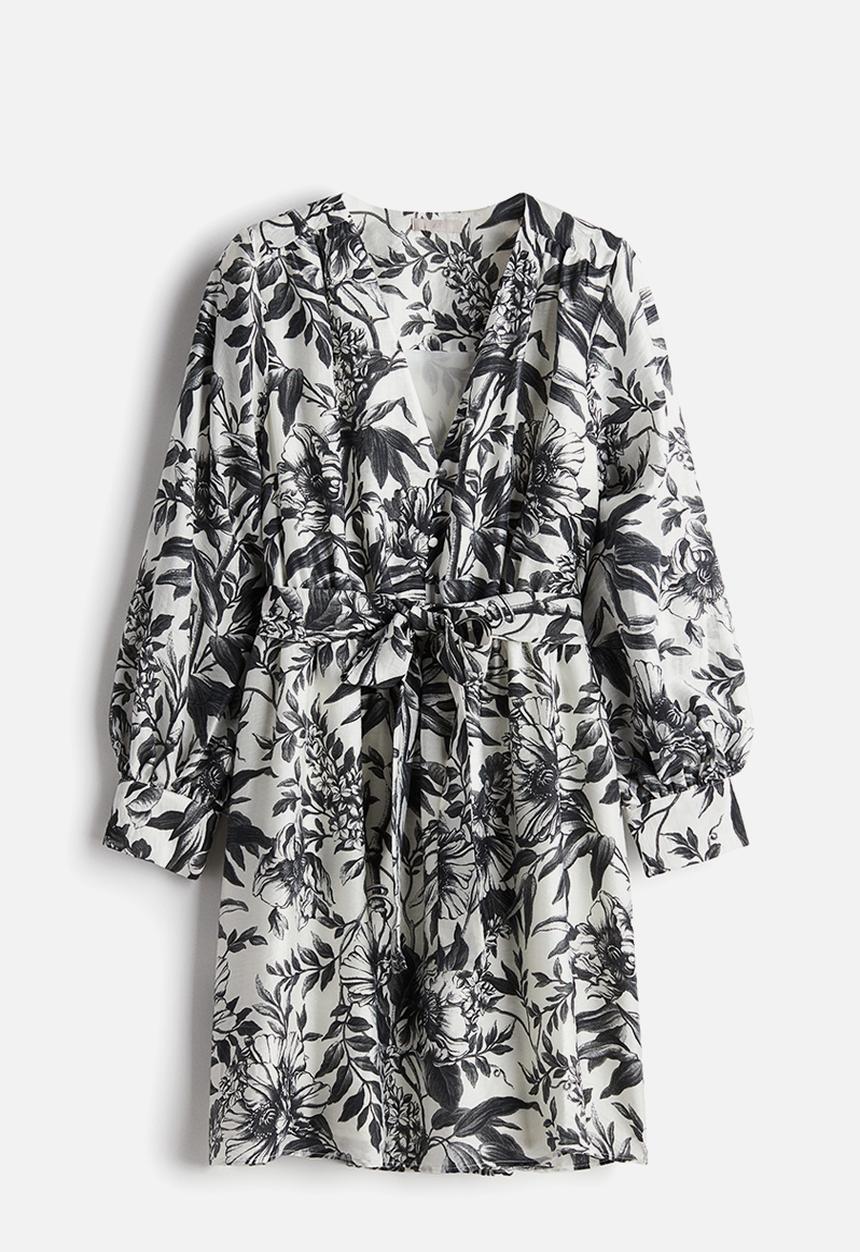 H&M - Tie-belt dress - white & grey floral 