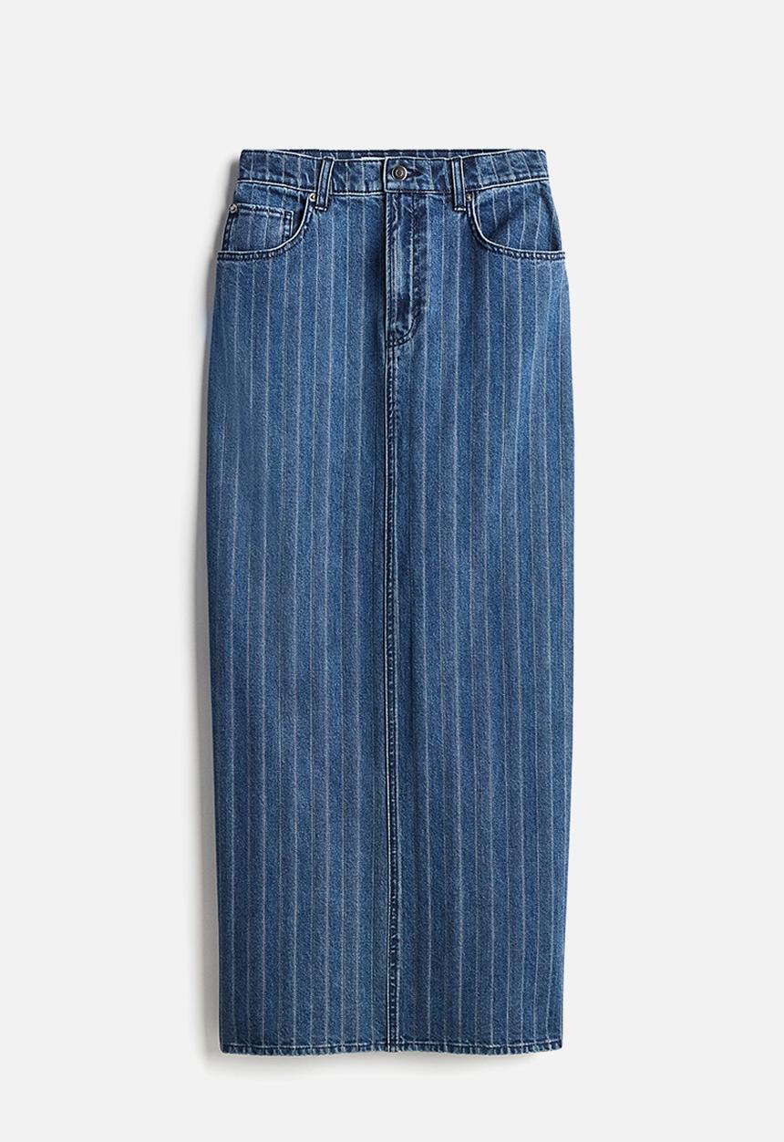 H&M - Long denim skirt - denim blue/pinstriped