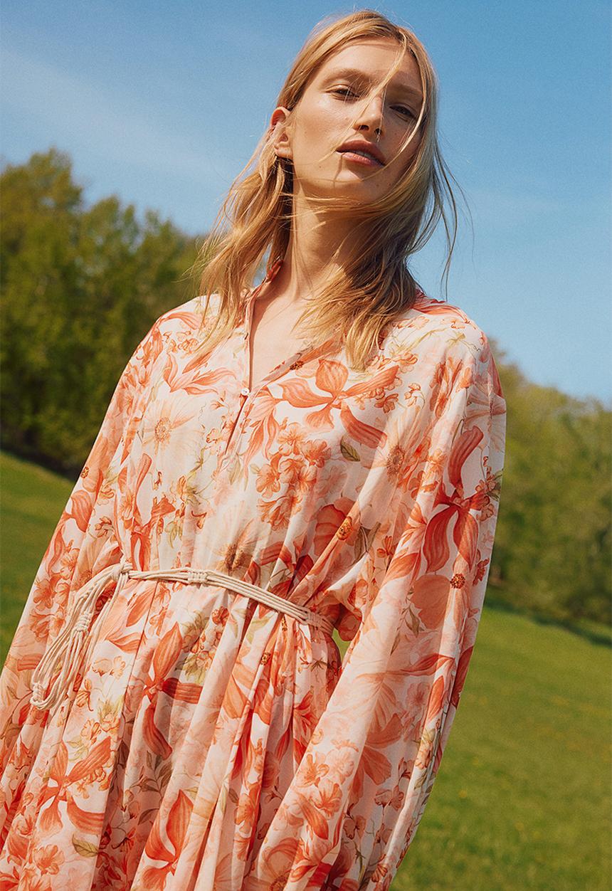 H&M - Macramé-belt dress - coral red floral