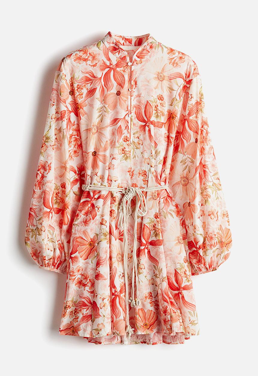 H&M - Macramé-belt dress - coral red floral