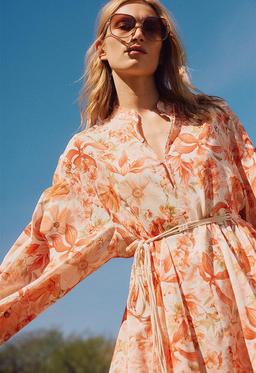 H&M - Macramé-belt dress - coral red floral