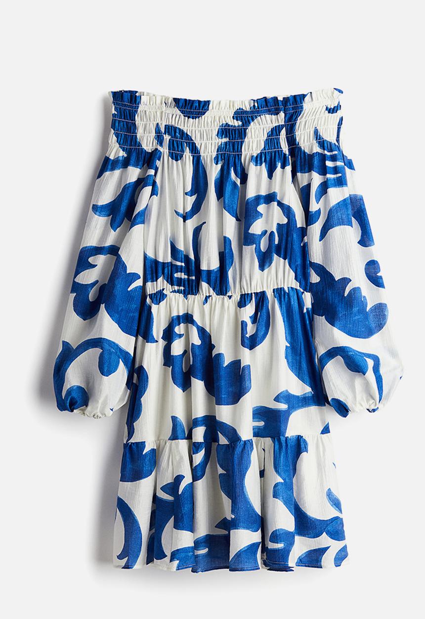H&M - Off-the-shoulder dress - white & blue patterned