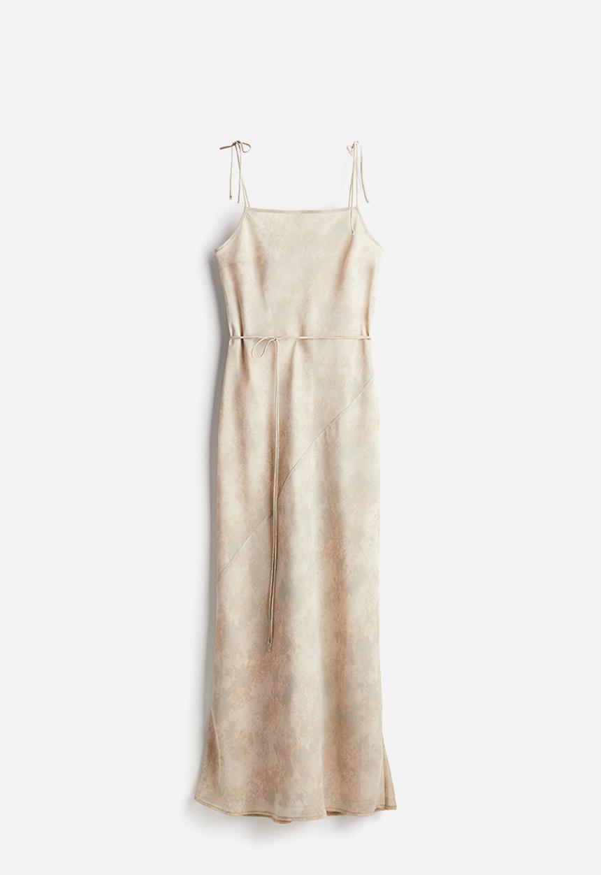 H&M - Tie-detail chiffon slip dress - light beige/patterned 