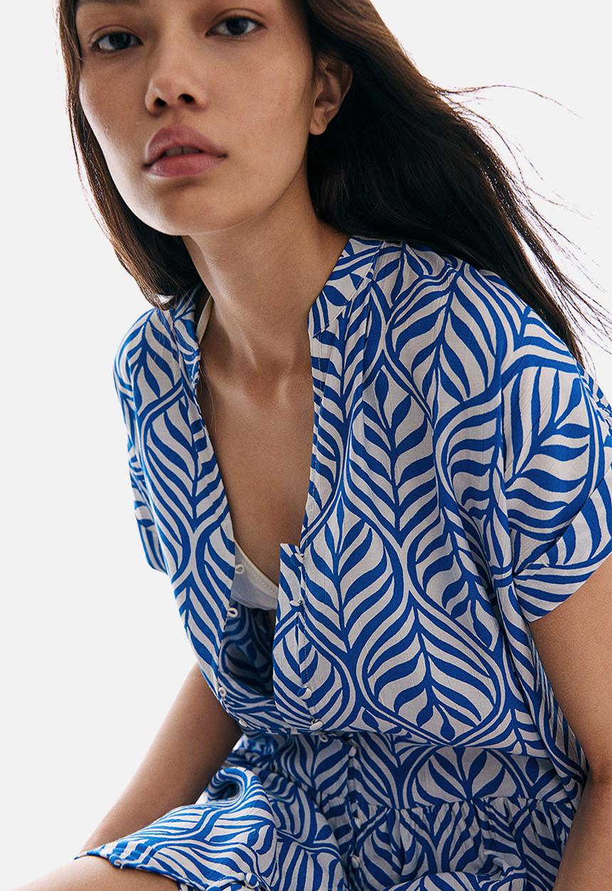 H&M - Crinkled tunic dress - blue & leaf-patterned
