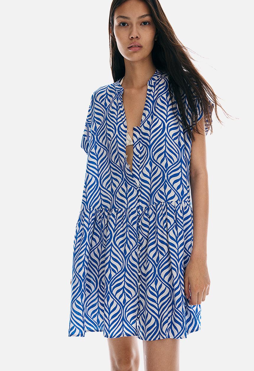 H&M - Crinkled tunic dress - blue & leaf-patterned