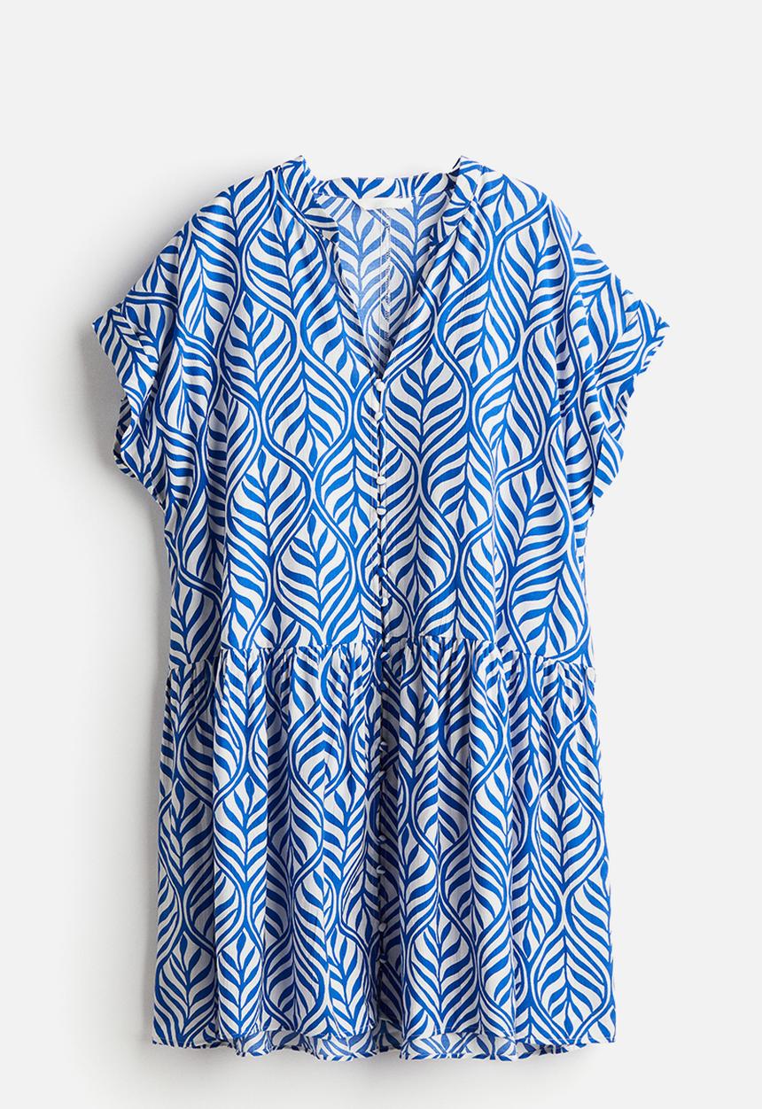 H&M - Crinkled tunic dress - blue & leaf-patterned