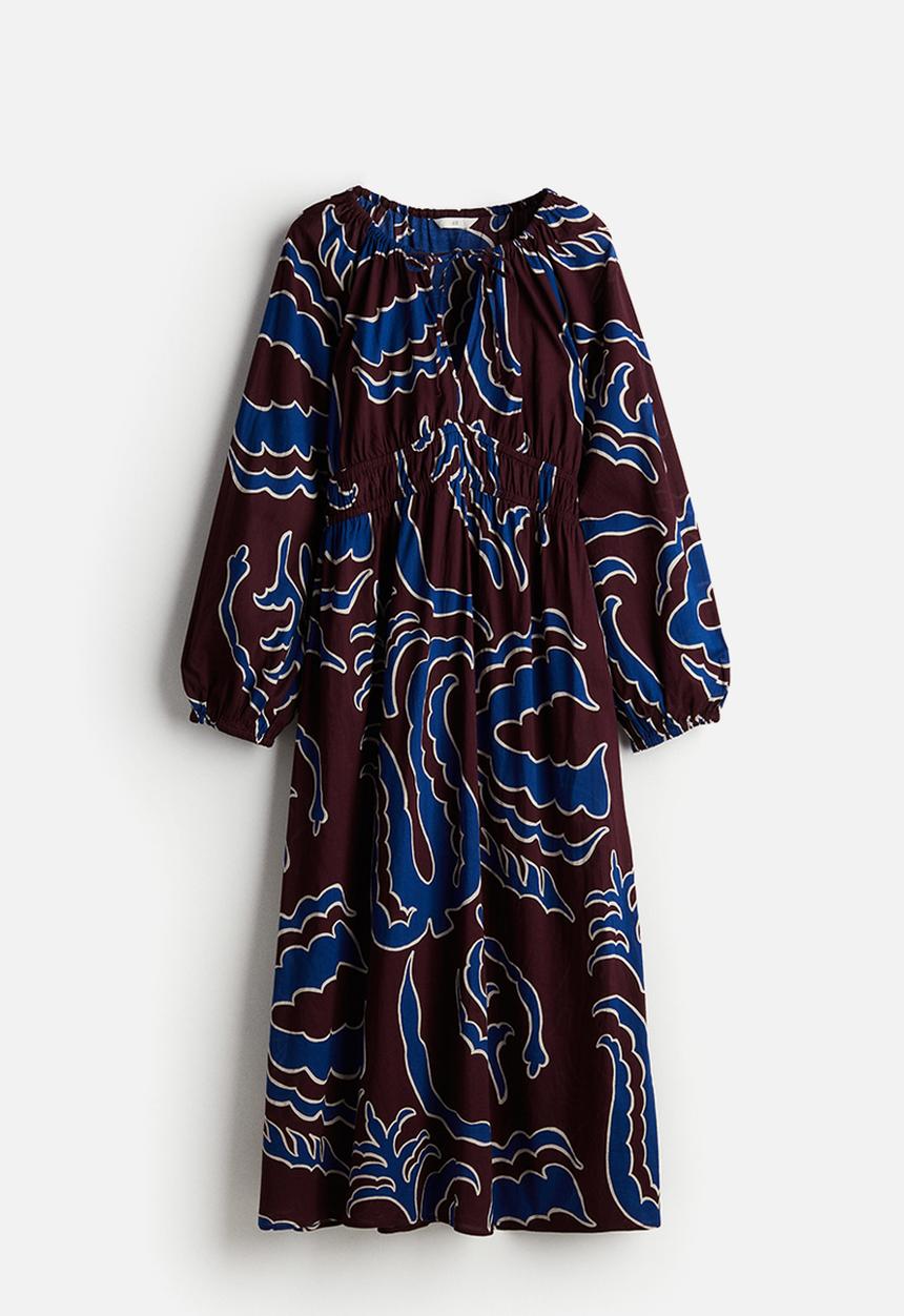 H&M - Balloon-sleeved cotton dress - burgundy/patterned