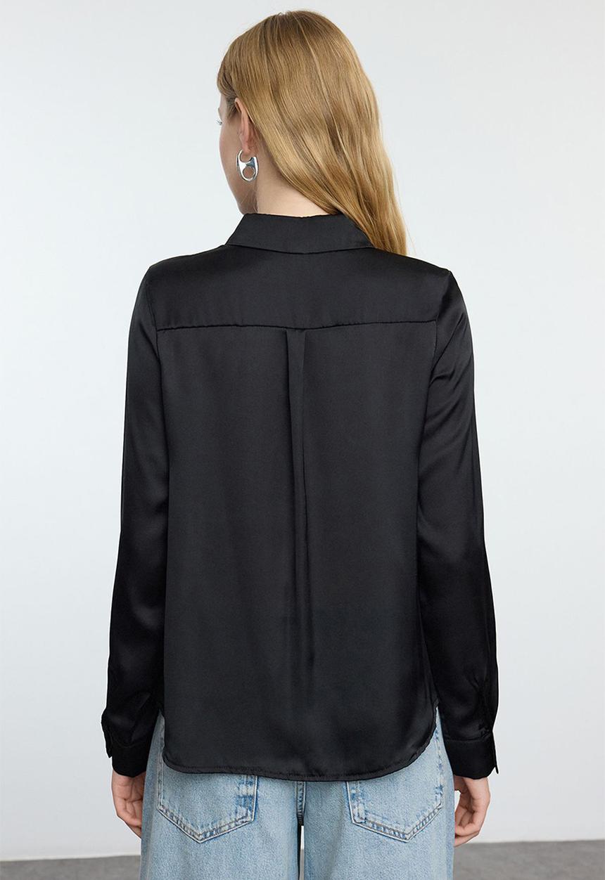 Trendyol - Black satin fabric regular pattern woven shirt