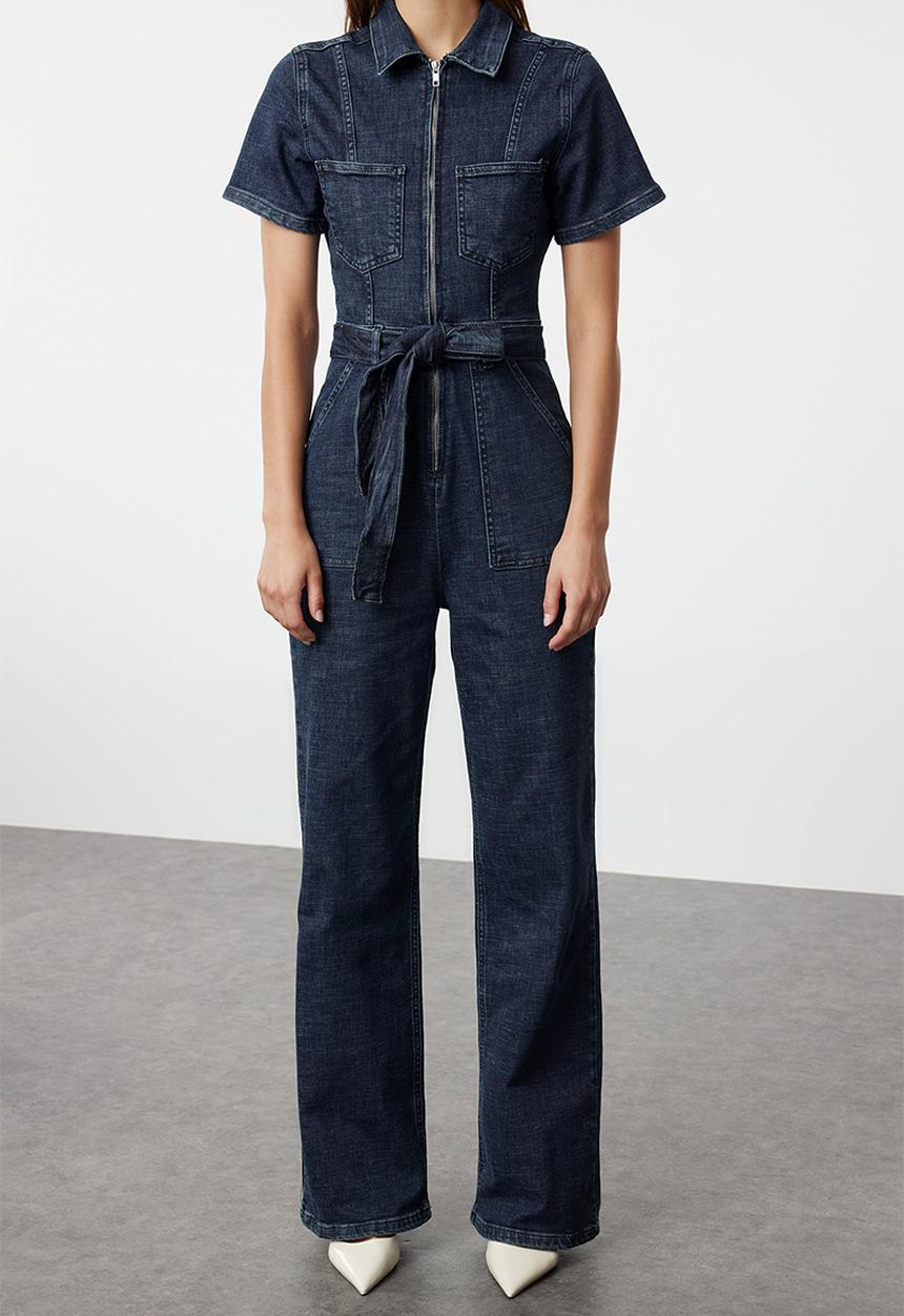 Trendyol - Dark Blue Belted Denim Overalls