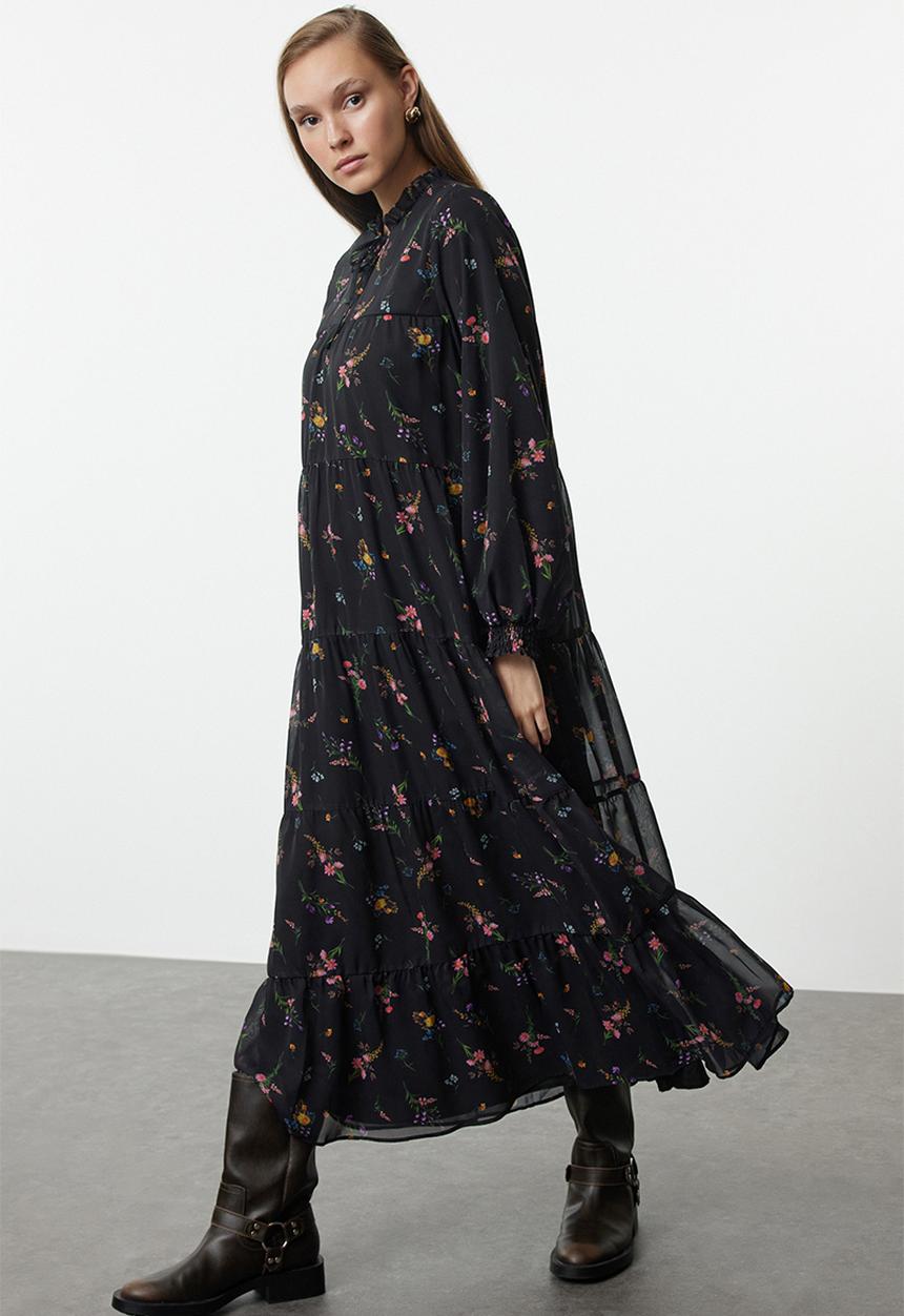 Trendyol - Black Floral Collar Woven Dress