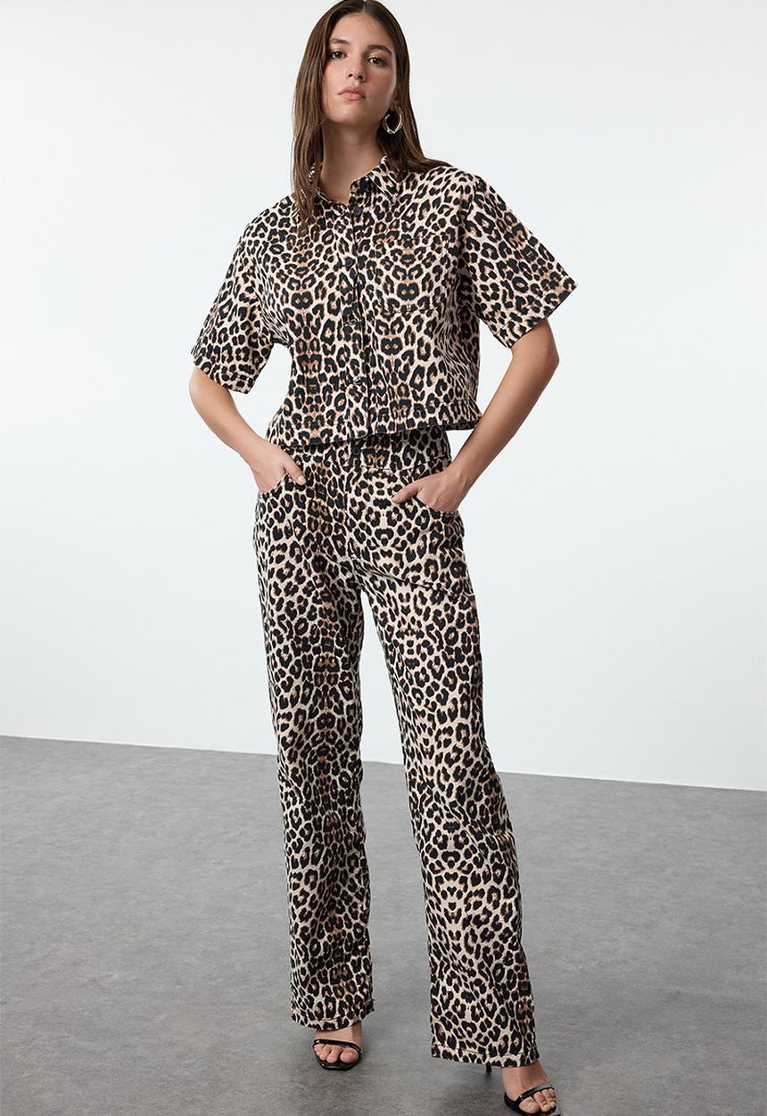 Trendyol - Multicolored Leopard Patterned High Waist Wide Leg Jeans
