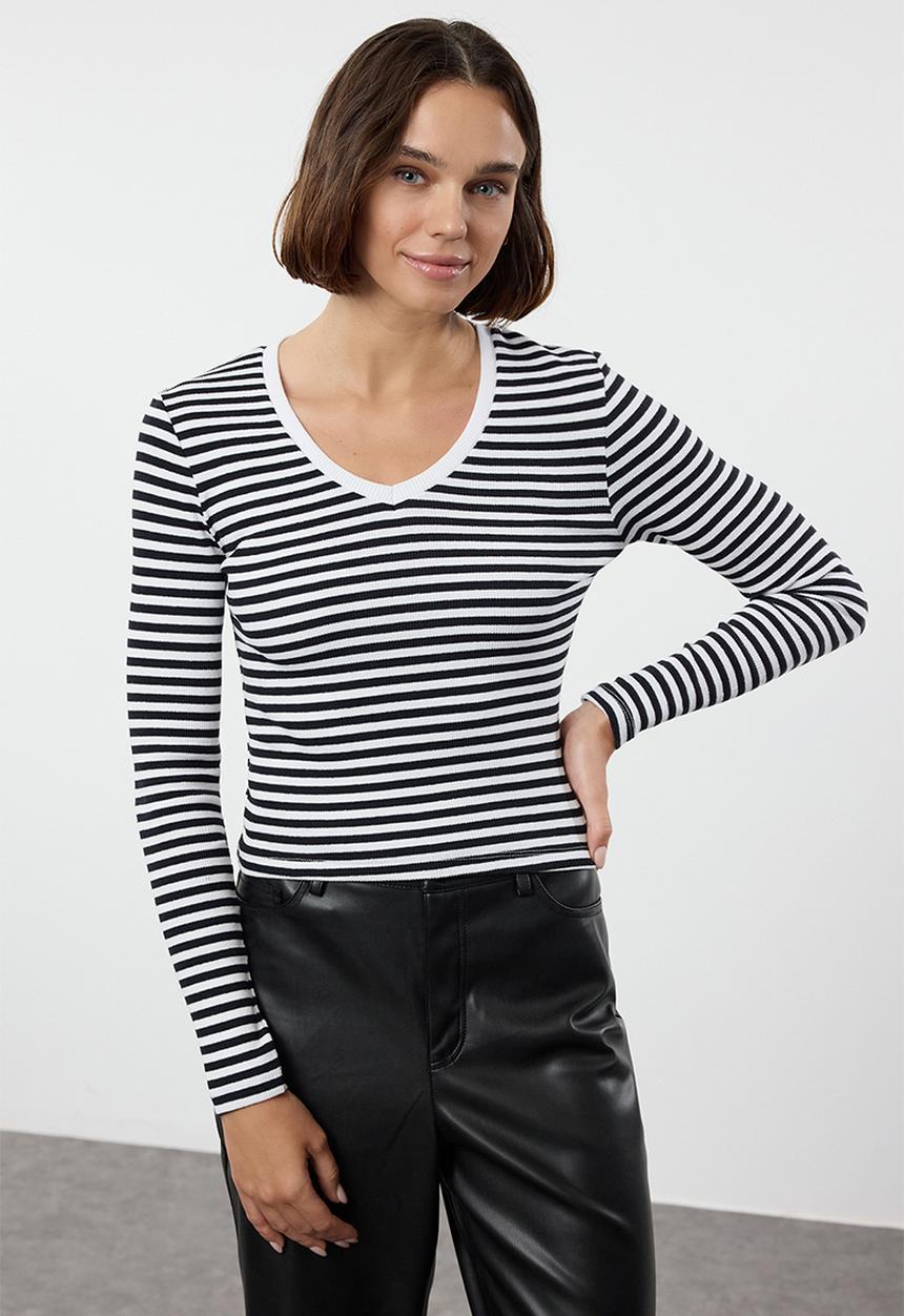 Trendyol - Striped corded v-neck fitted long sleeve top - navy blue