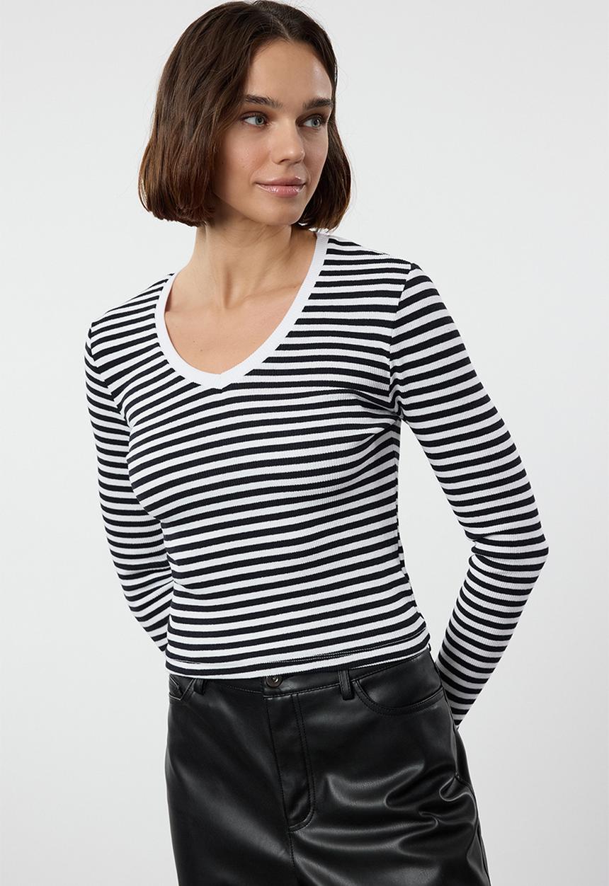 Trendyol - Striped corded v-neck fitted long sleeve top - navy blue